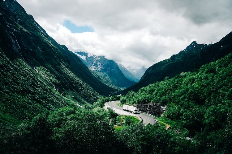 truck driving in the mountains