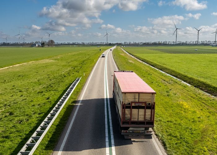 truck on the road doing a delivery